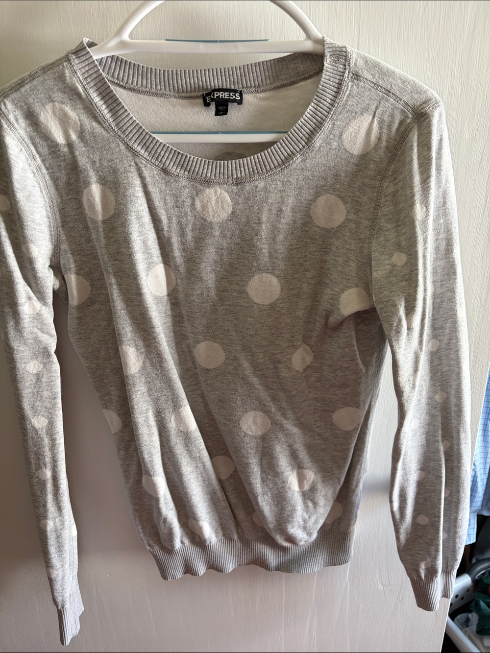 Express Gray Crewneck Sweater with Cream Polka Dots
